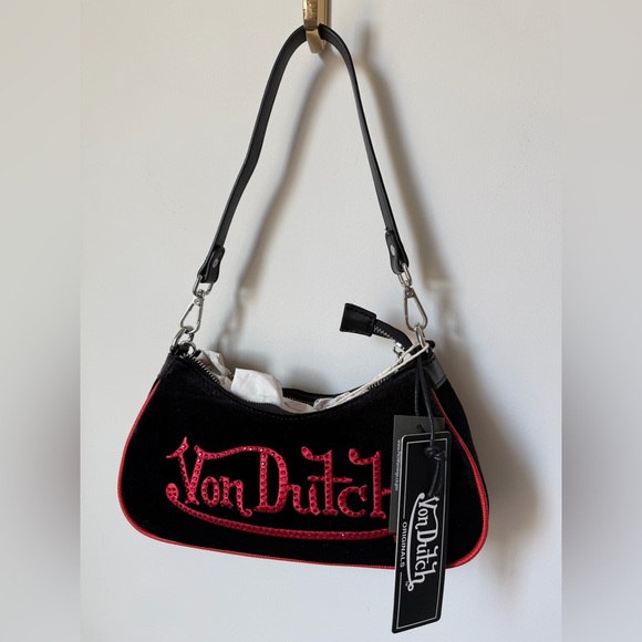 Viral Von Dutch Black Velvet and Red Shoulder Bag with silver charm chain - Picture 2 of 5